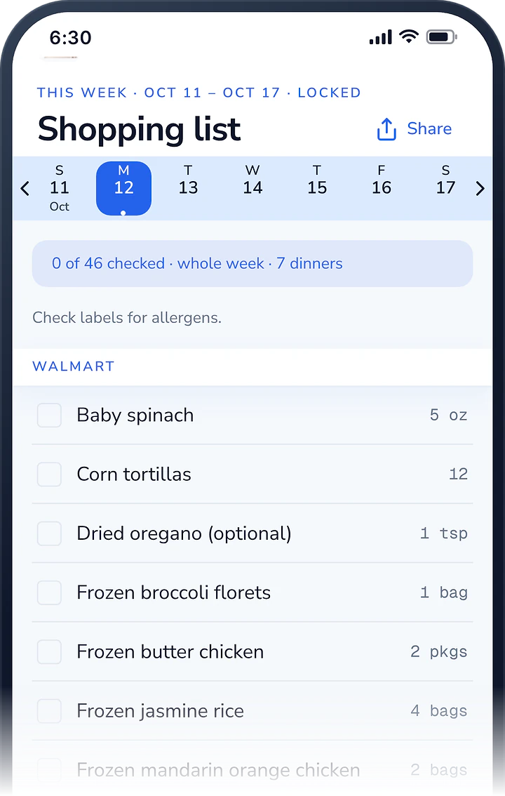 Shopping list for the whole locked week, with the week strip and Share: one list split between Walmart and Kroger, with amounts and no prices.