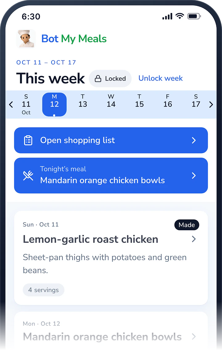 This week marked Locked, with the week strip, Open shopping list and Tonight’s meal, mandarin orange chicken bowls, at the top.